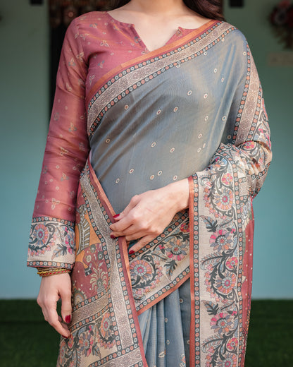 Grey & Rust Printed Silk Saree with Kalamkari-Inspired Border and Tassel Pallu