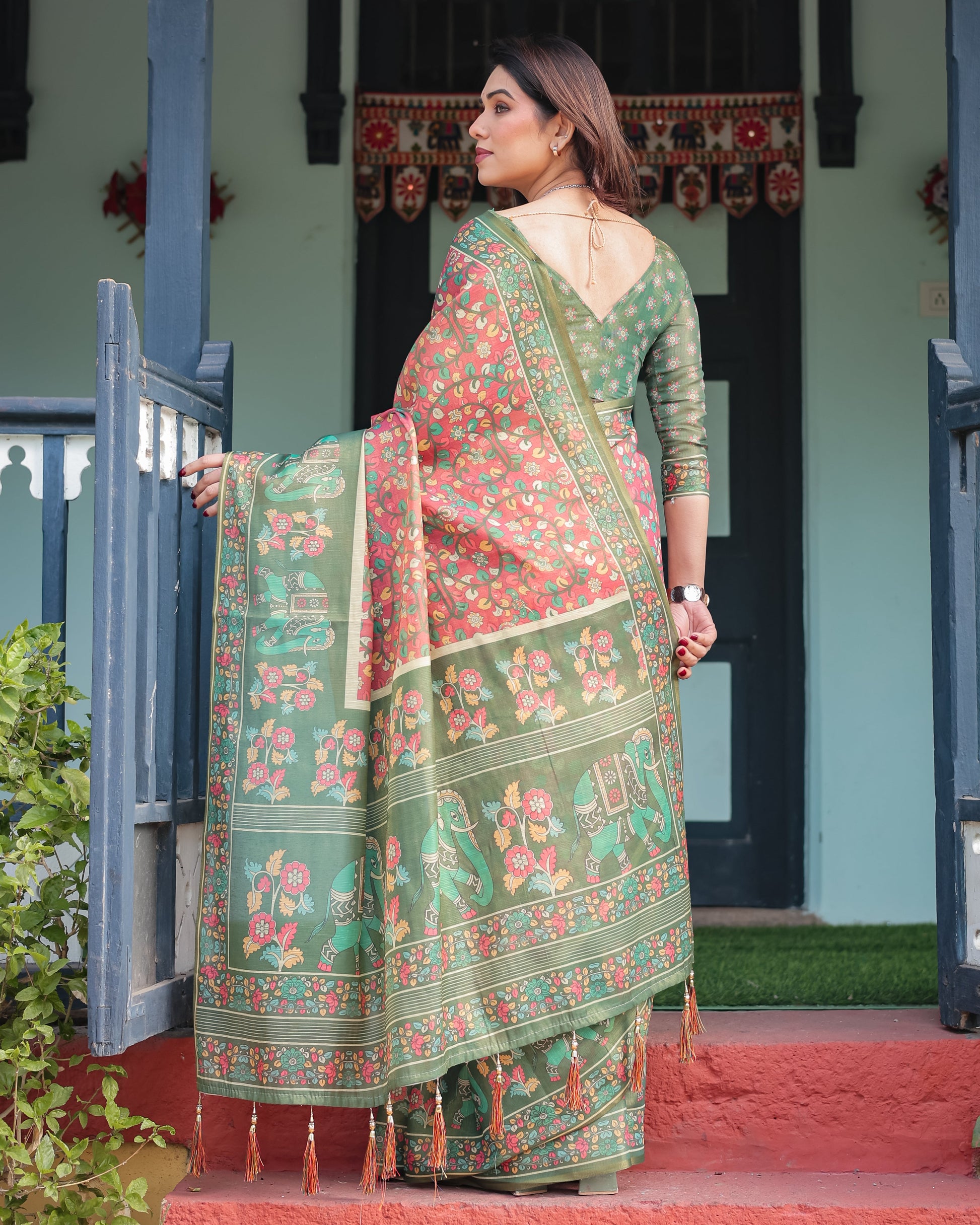 Bottle Green & Rose Pink Printed Silk Saree with Elephant Motif Border and Tassel Pallu