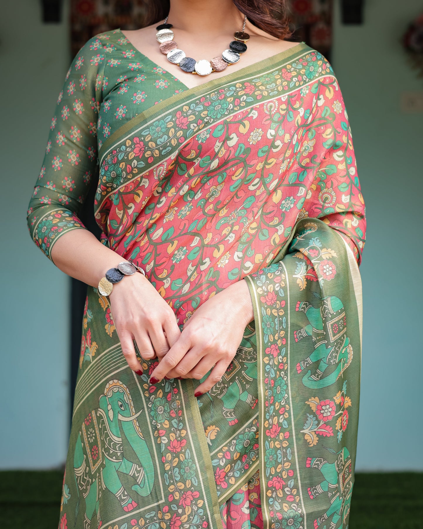 Bottle Green & Rose Pink Printed Silk Saree with Elephant Motif Border and Tassel Pallu
