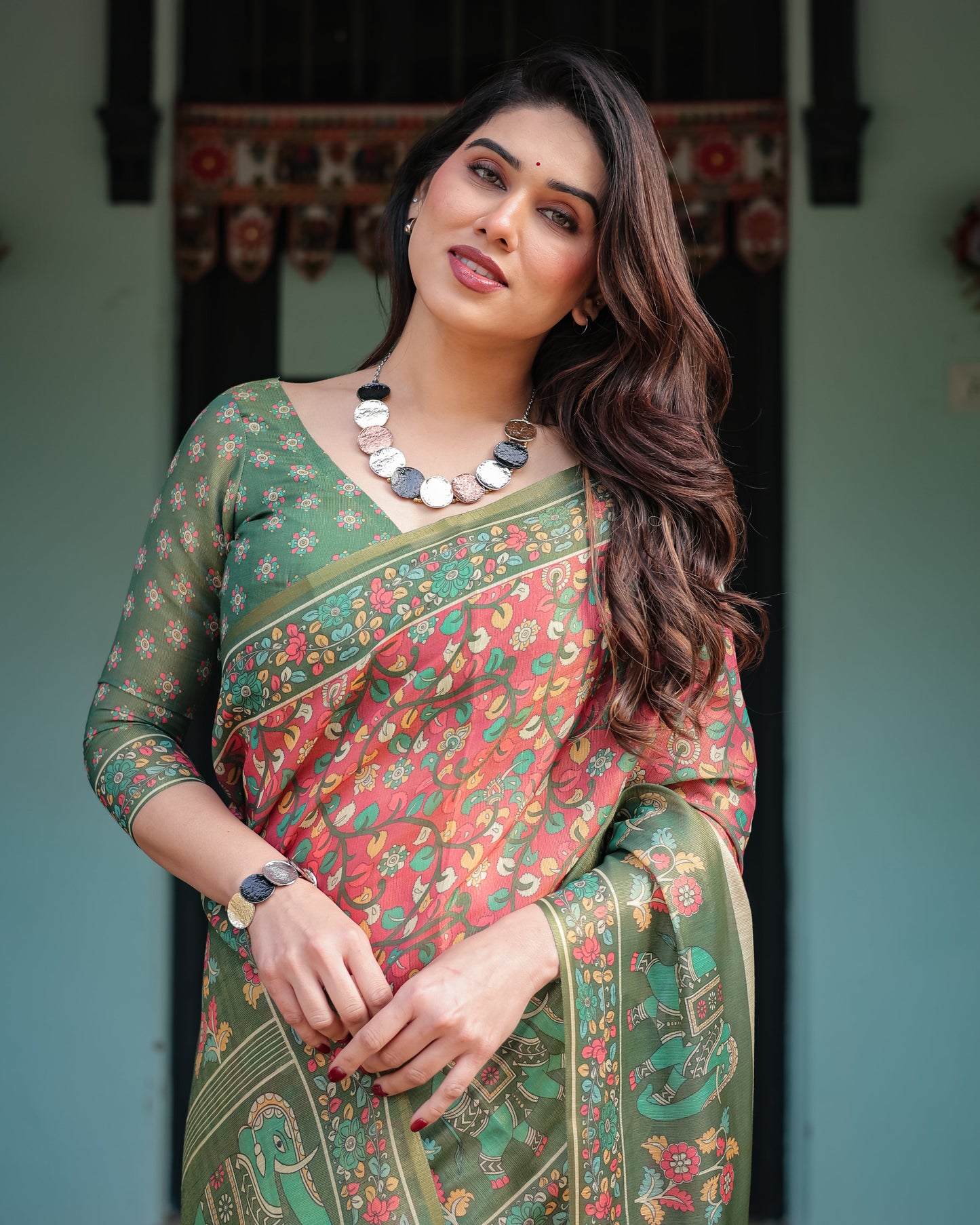 Bottle Green & Rose Pink Printed Silk Saree with Elephant Motif Border and Tassel Pallu