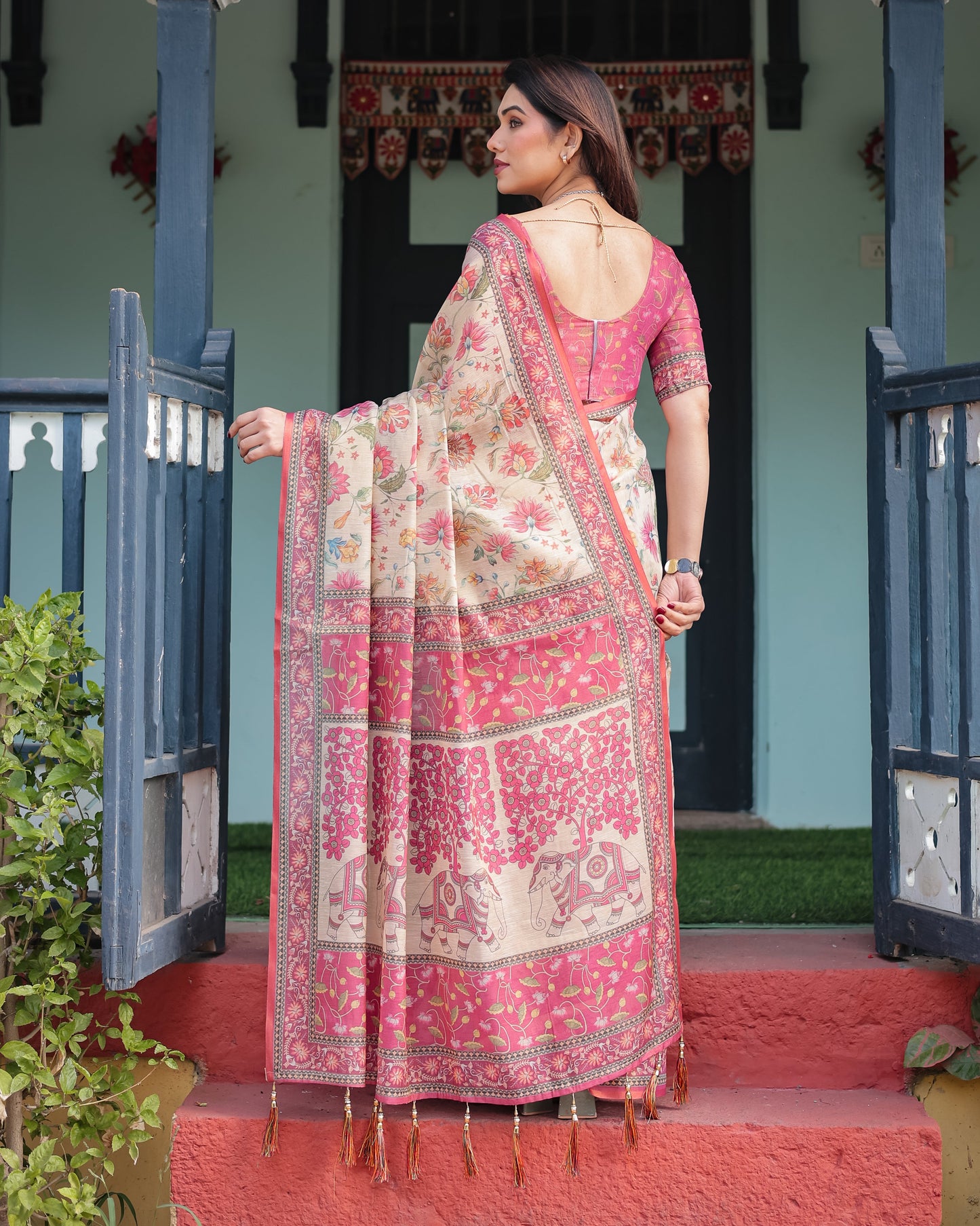 Ivory Cream Floral Printed Silk Saree with Pink Border & Tassel Pallu