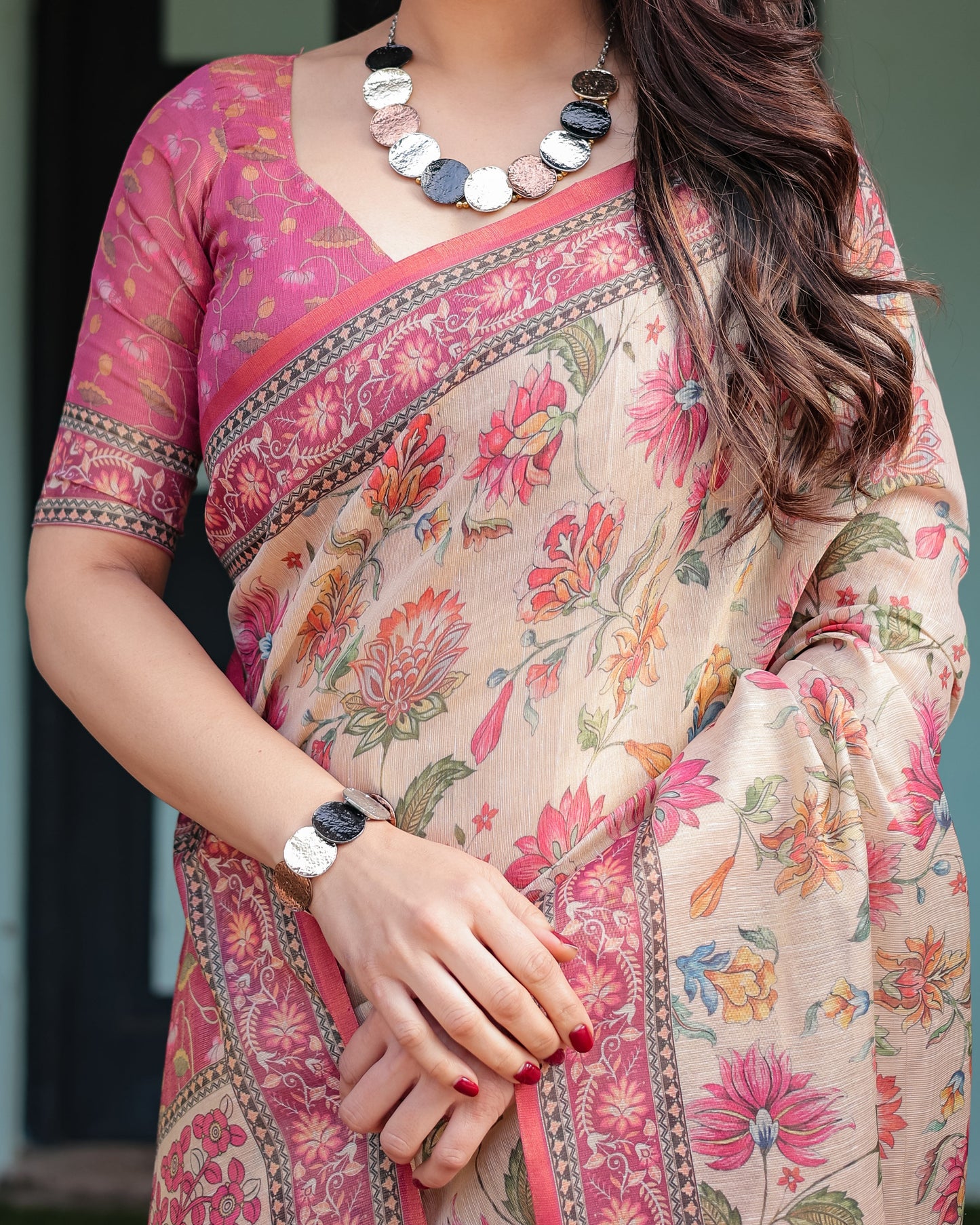 Ivory Cream Floral Printed Silk Saree with Pink Border & Tassel Pallu