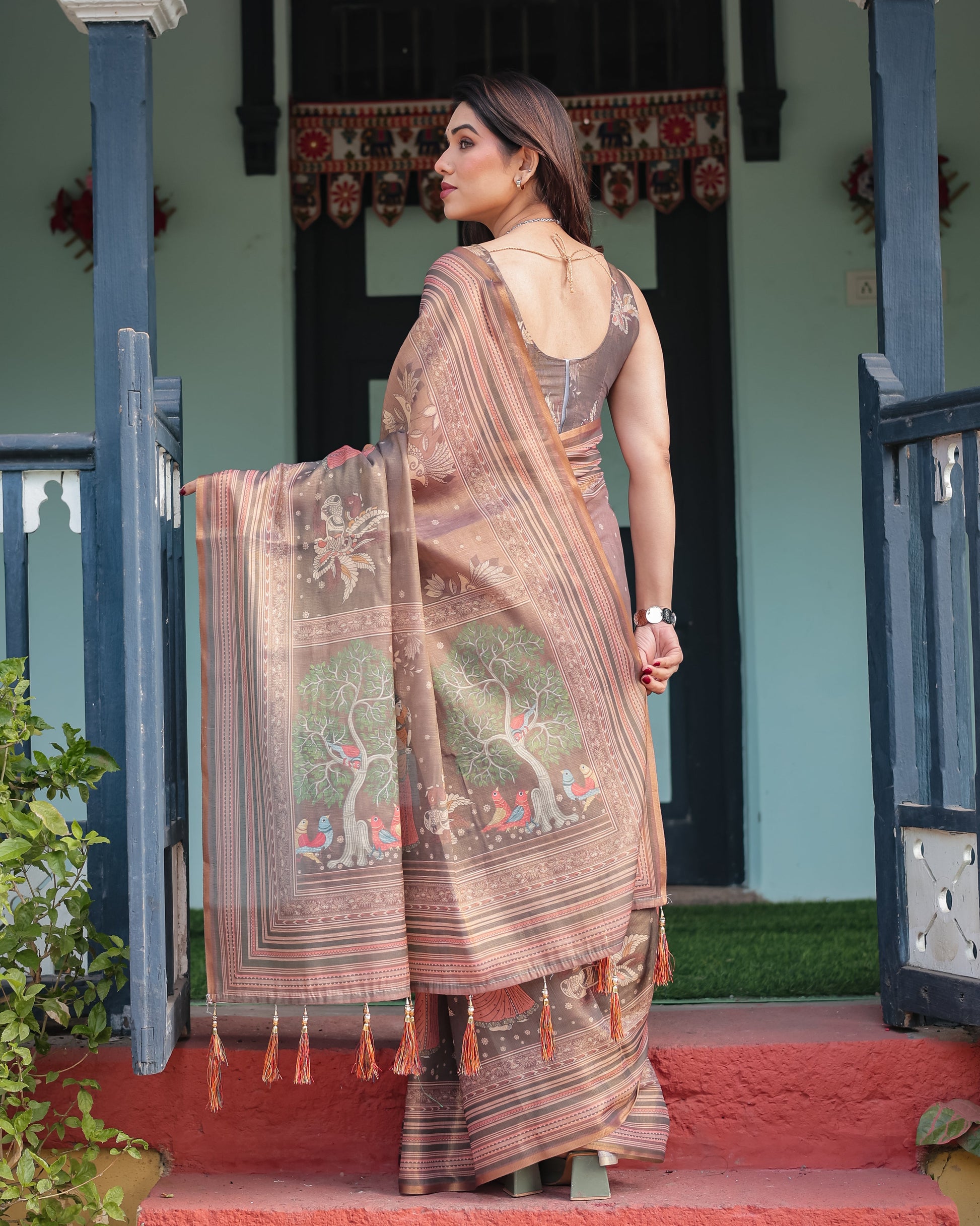 Mocha Brown Floral Printed Silk Saree with Striped Border & Tassel Pallu