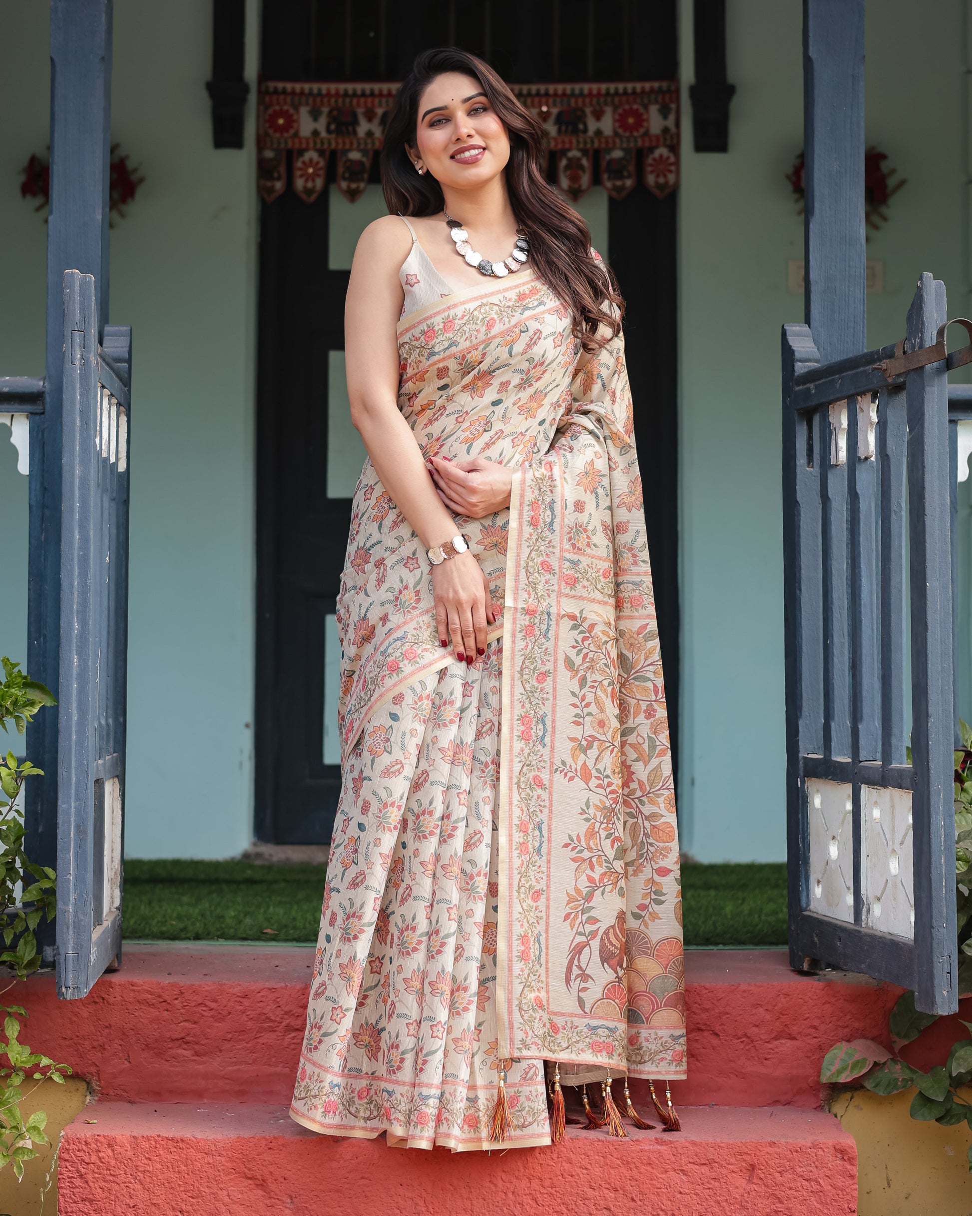 Ivory Beige Floral Printed Silk Saree with Elegant Border & Tassel Pallu
