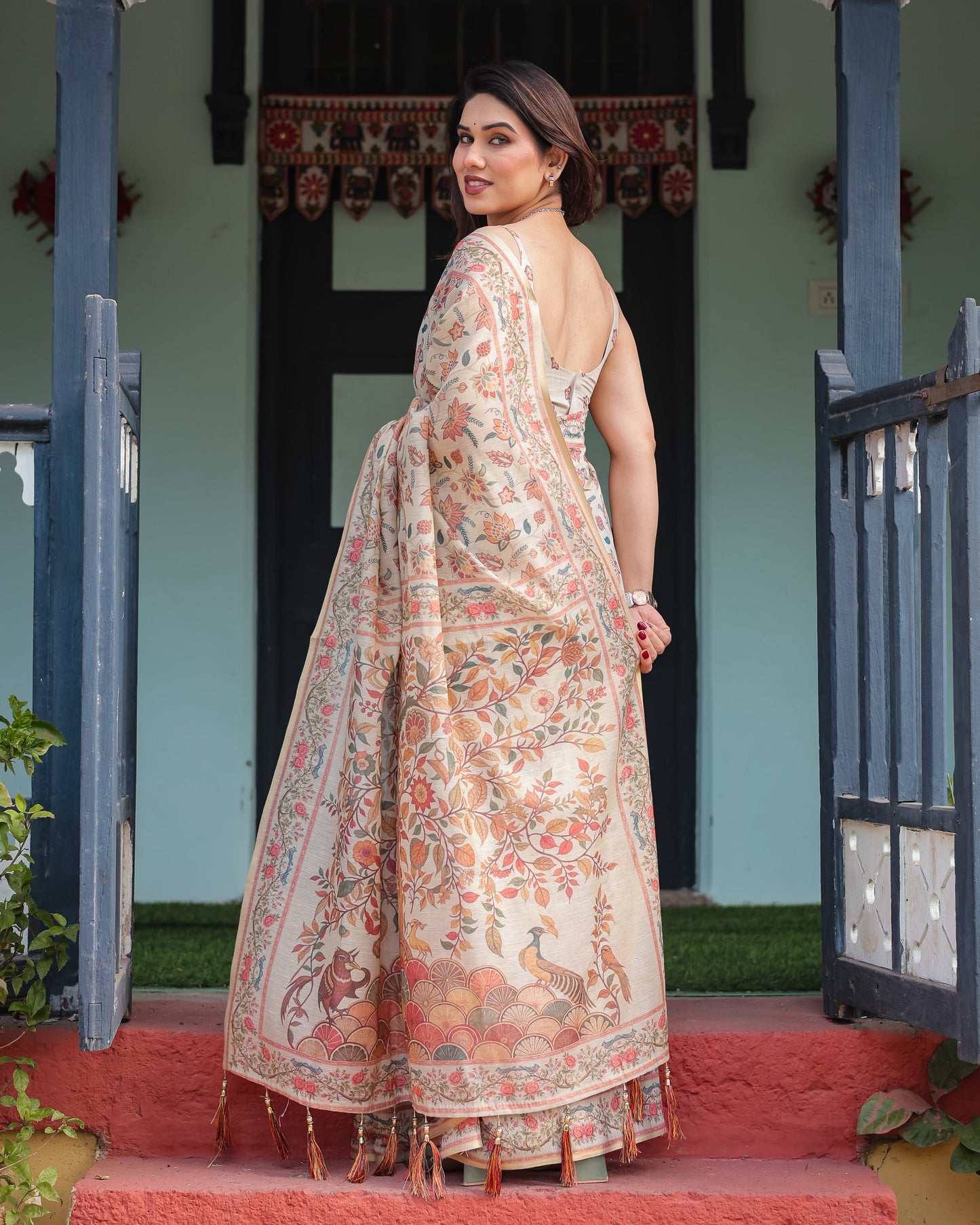 Ivory Beige Floral Printed Silk Saree with Elegant Border & Tassel Pallu