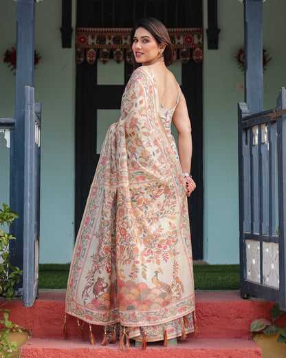 Ivory Beige Floral Printed Silk Saree with Elegant Border & Tassel Pallu