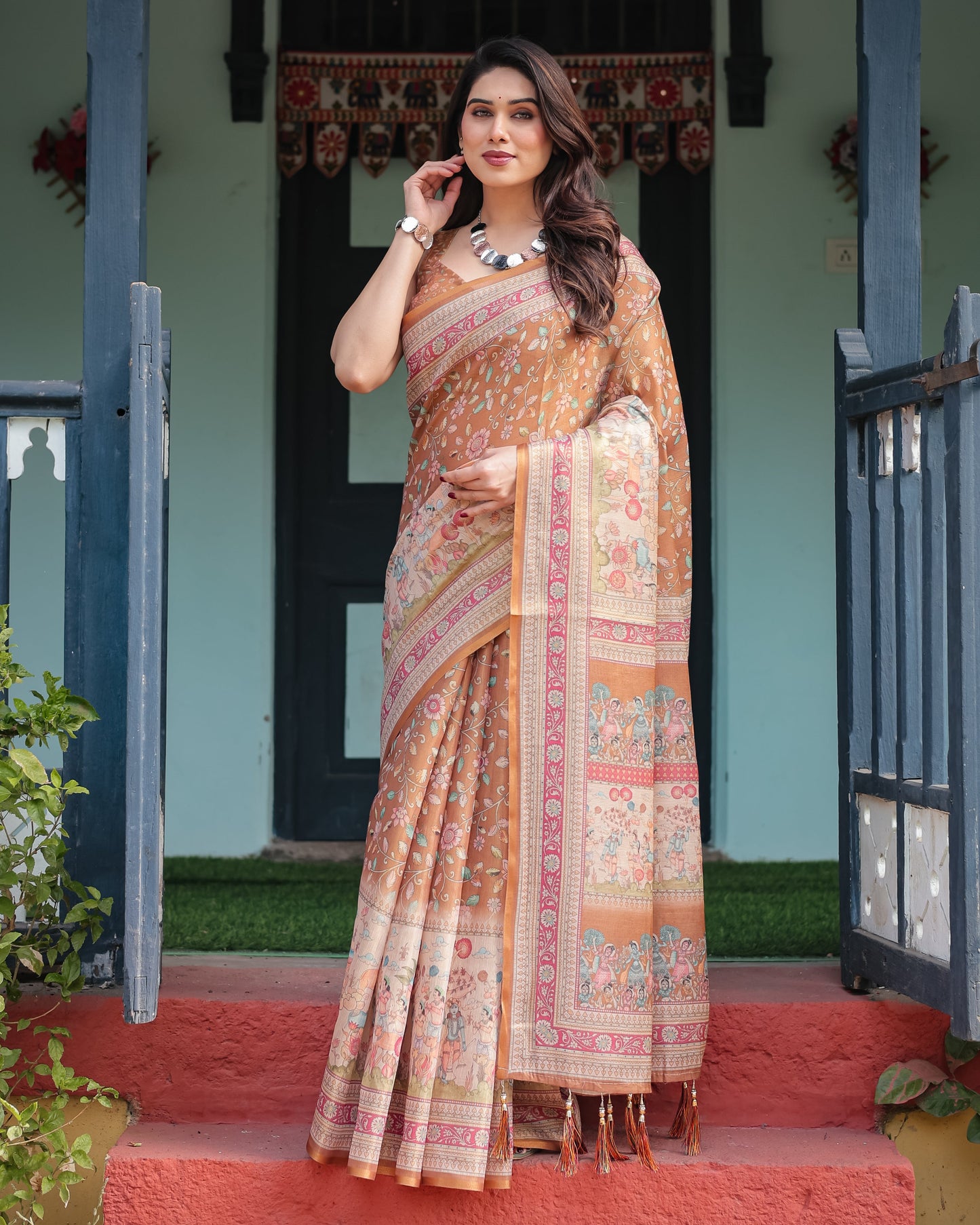 Mustard Brown Printed Silk Saree with Traditional Border & Storytelling Pallu