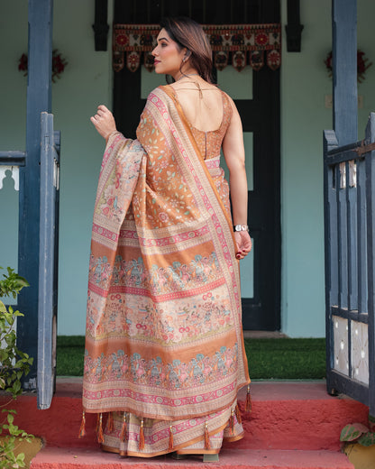 Mustard Brown Printed Silk Saree with Traditional Border & Storytelling Pallu