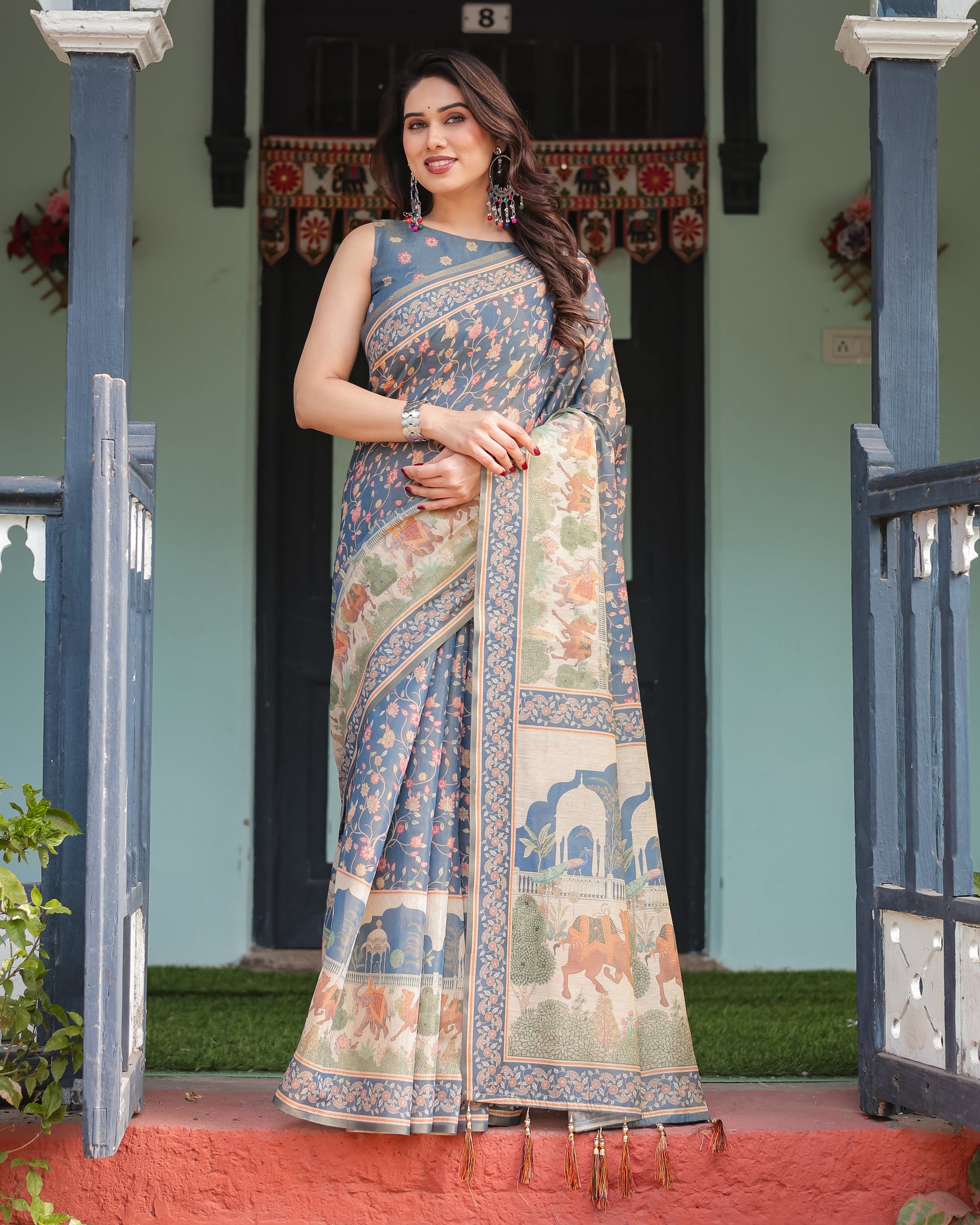 Slate Blue Handcrafted Printed Silk Saree with Heritage Motifs & Scenic Designer Pallu