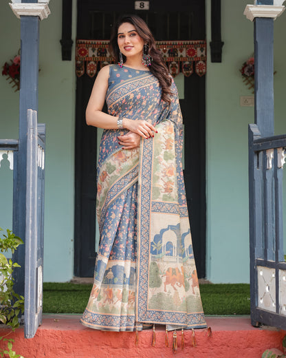 Slate Blue Handcrafted Printed Silk Saree with Heritage Motifs & Scenic Designer Pallu
