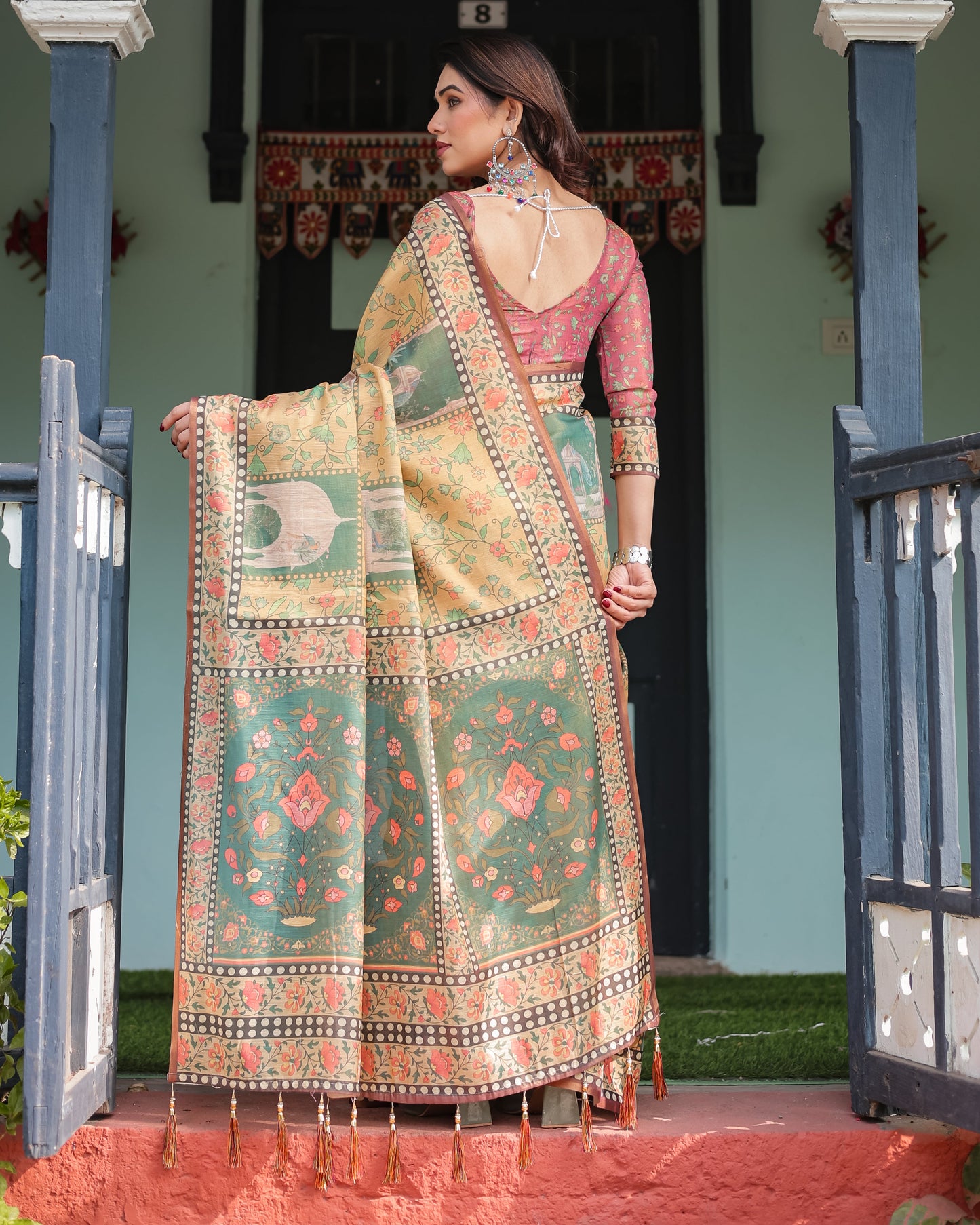 Heritage Green Kalamkari Inspired Printed Saree with Folk Motif Panels & Statement Pallu