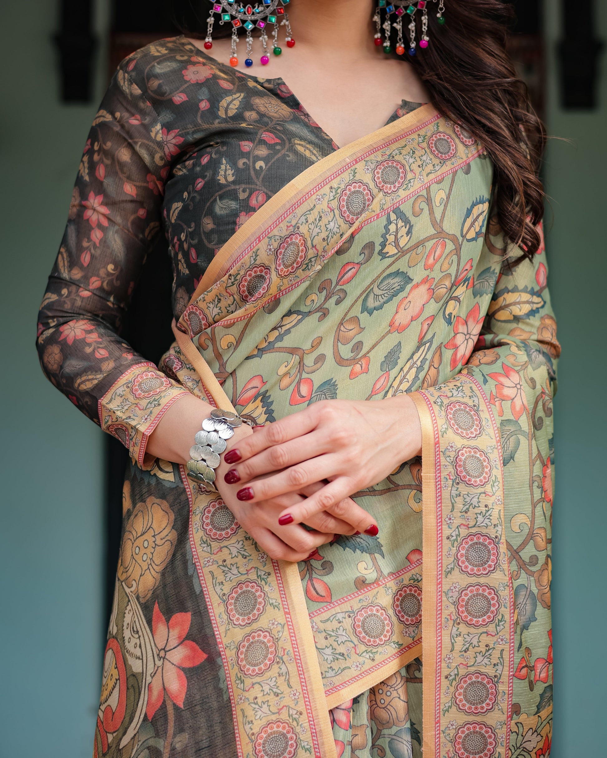 Sage Green Kalamkari Inspired Printed Saree with Ornamental Border & Handcrafted Pallu