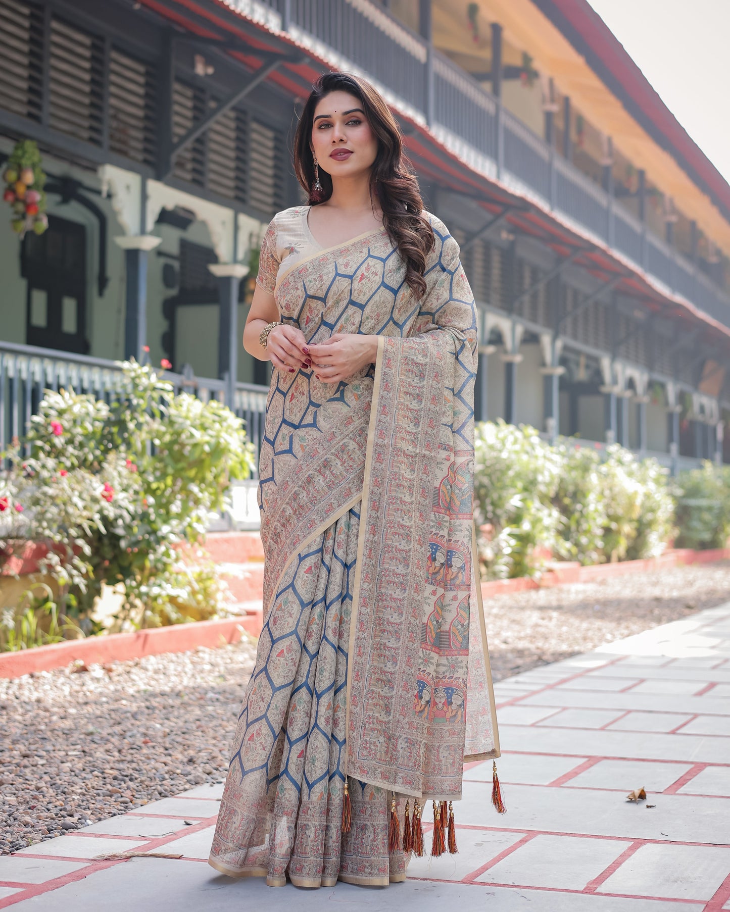 Ivory Blue Printed Silk Saree with Geometric Pattern & Traditional Pallu