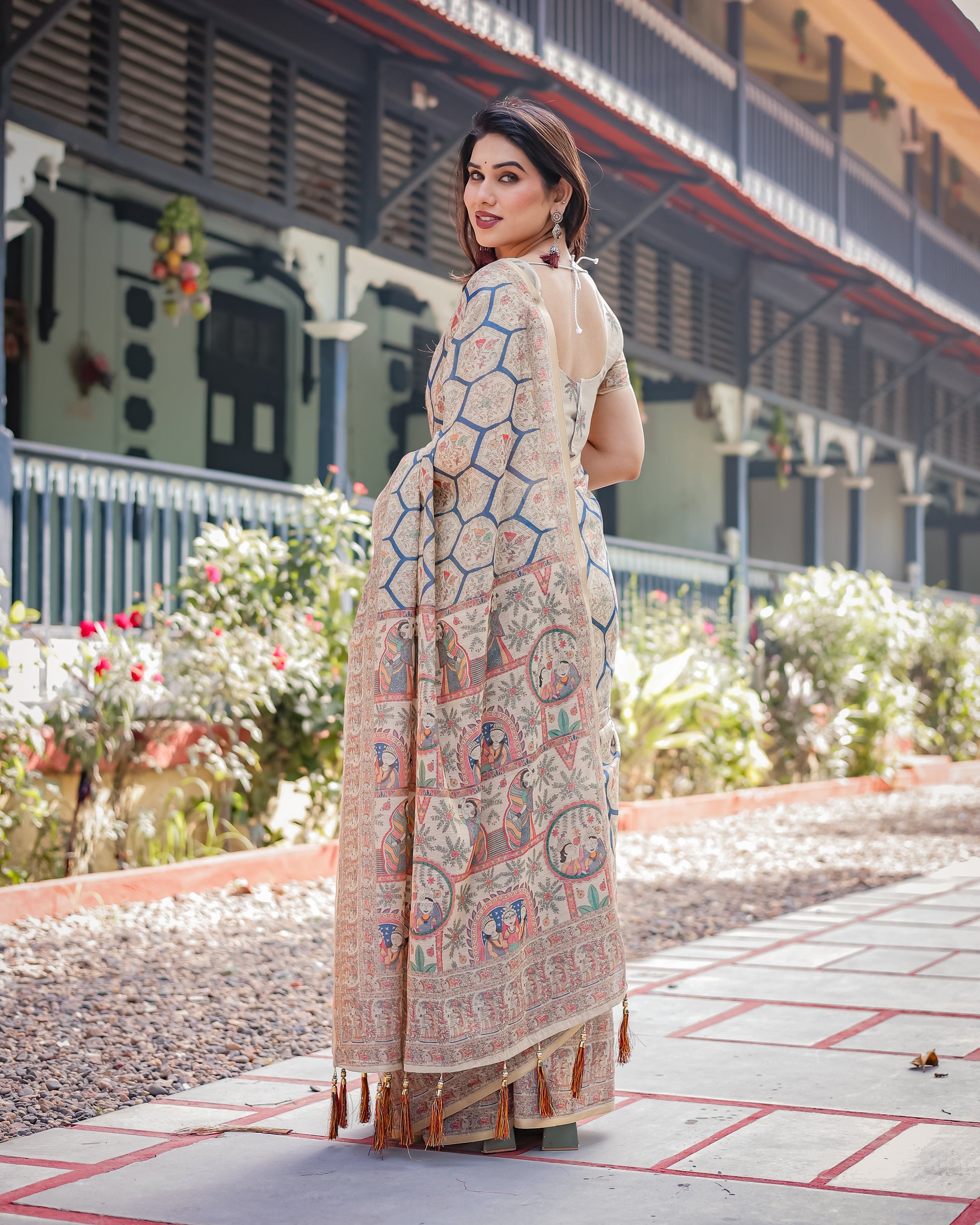 Ivory Blue Printed Silk Saree with Geometric Pattern & Traditional Pallu