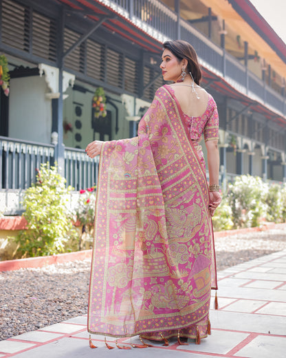 Dusty Rose Printed Silk Saree with Floral Motifs & Heritage Border