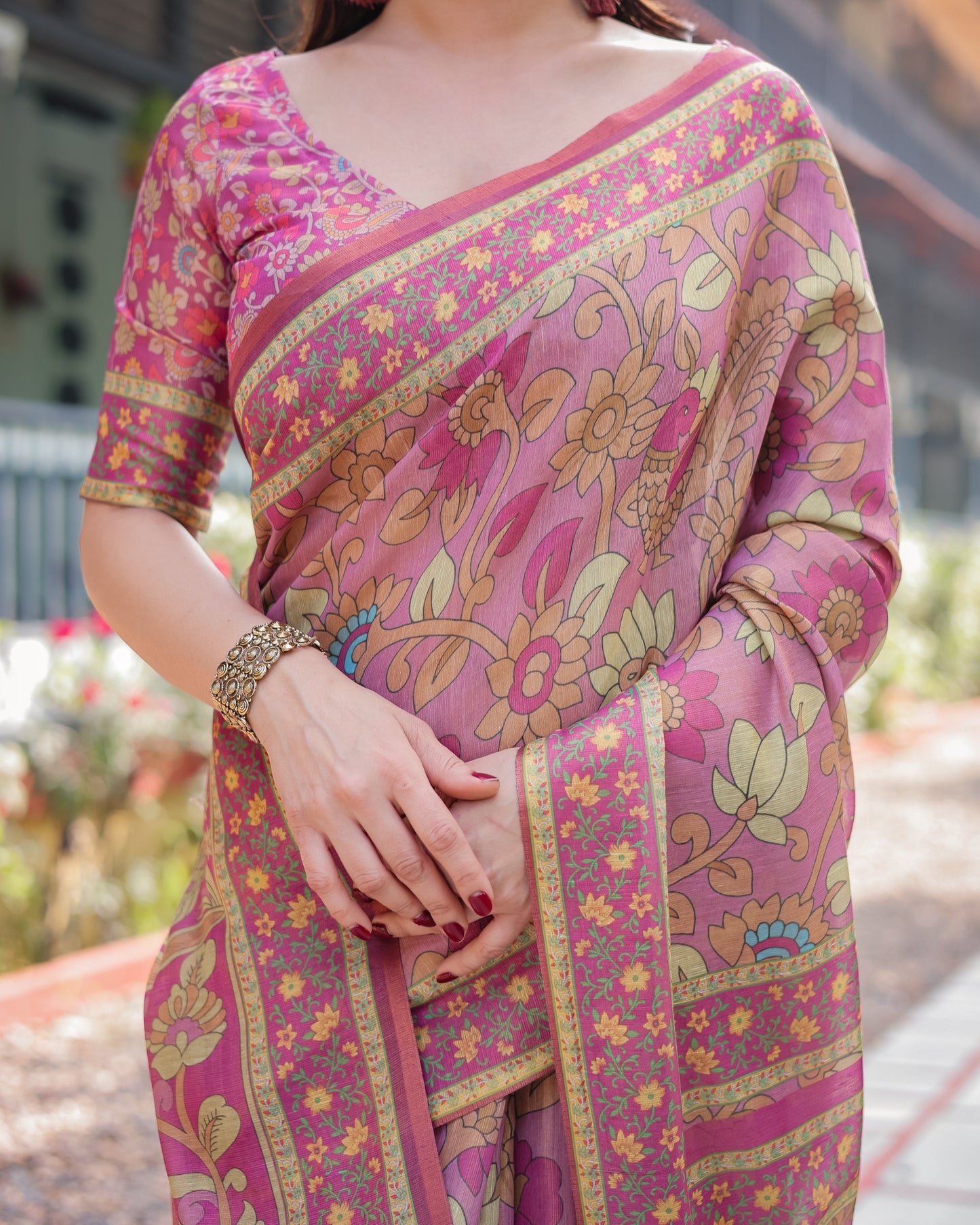 Dusty Rose Printed Silk Saree with Floral Motifs & Heritage Border