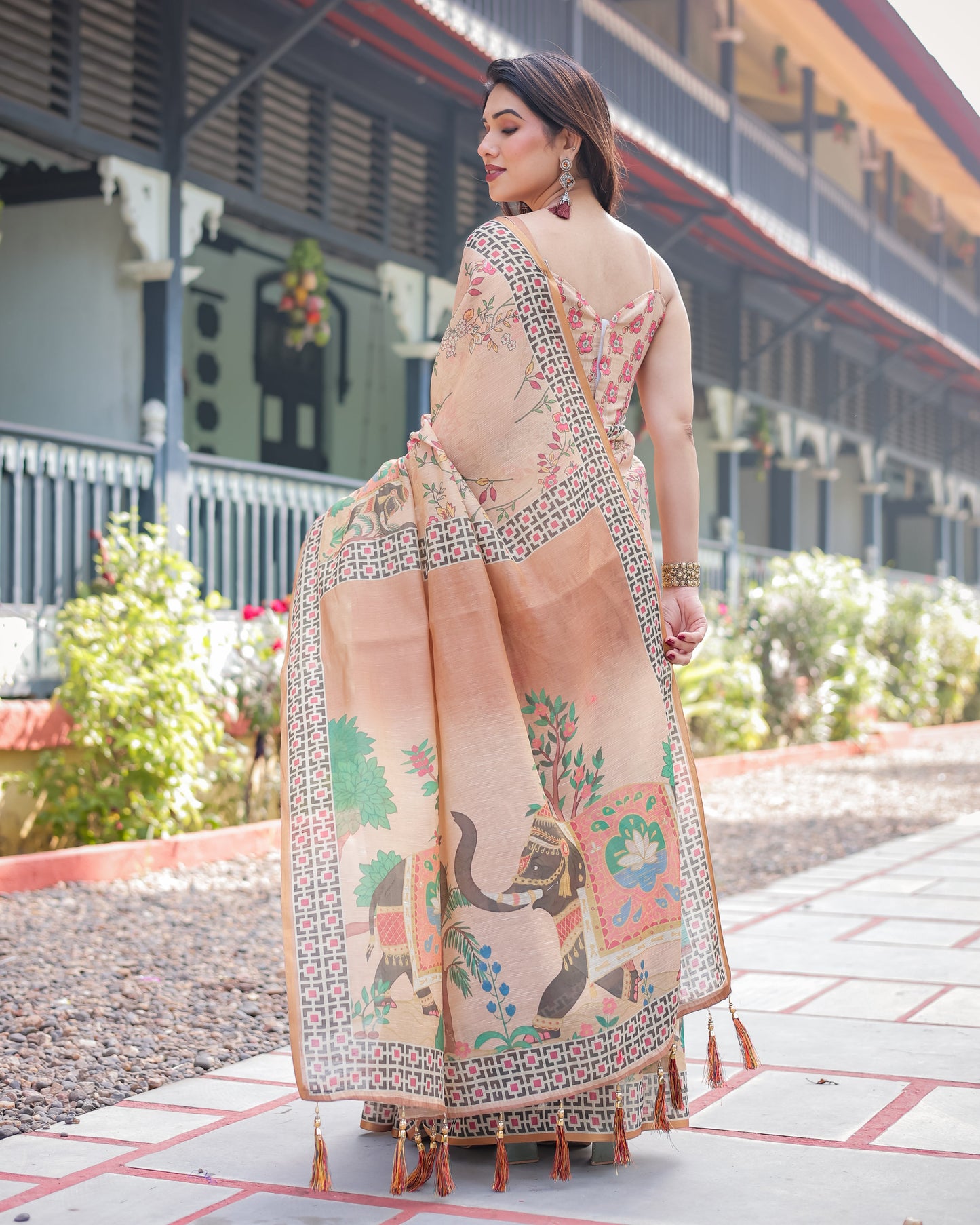 Peach Beige Printed Silk Saree with Ethnic Motifs & Designer Border