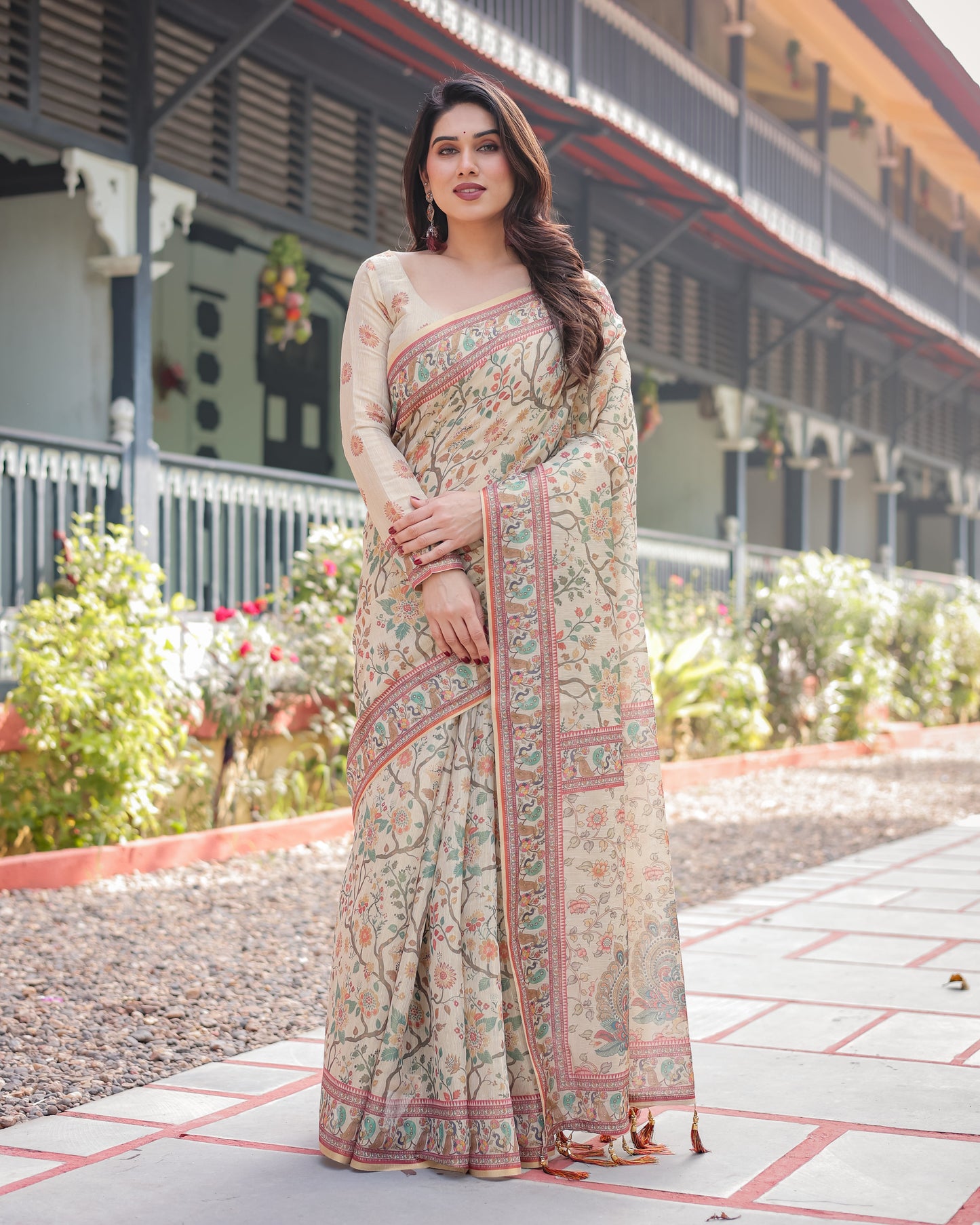 Ivory Floral Printed Silk Saree with Elegant Border & Tassel Pallu