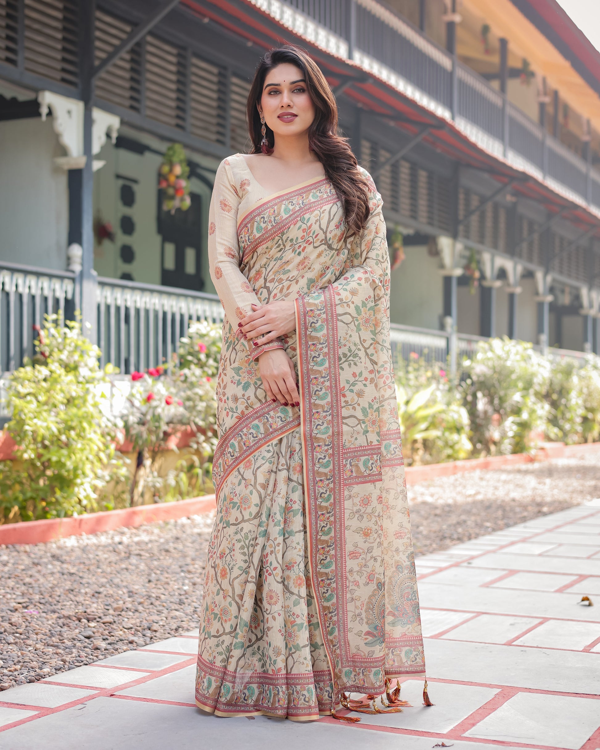 Ivory Floral Printed Silk Saree with Elegant Border & Tassel Pallu