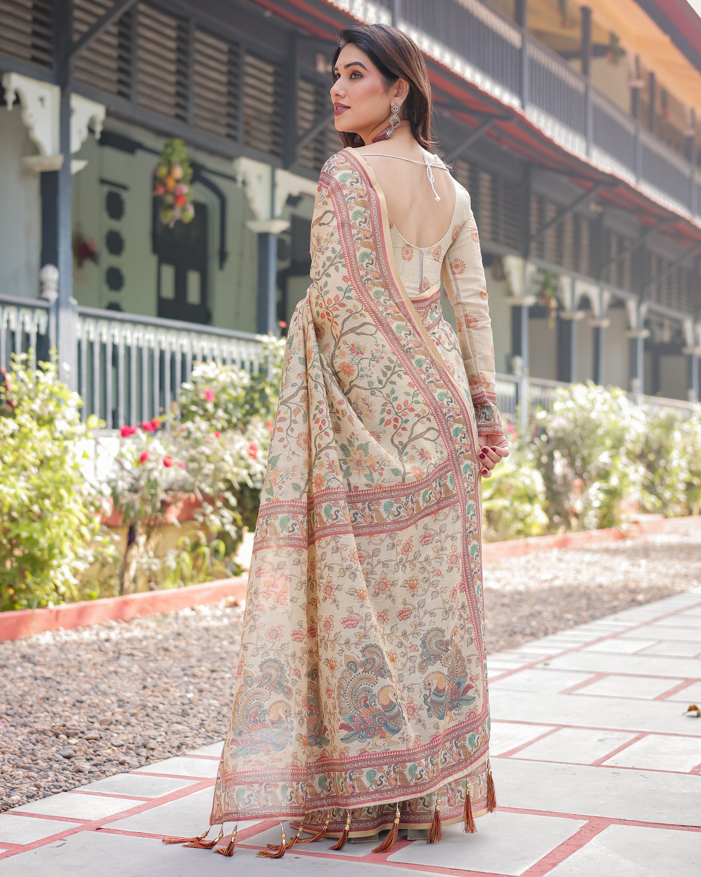 Ivory Floral Printed Silk Saree with Elegant Border & Tassel Pallu