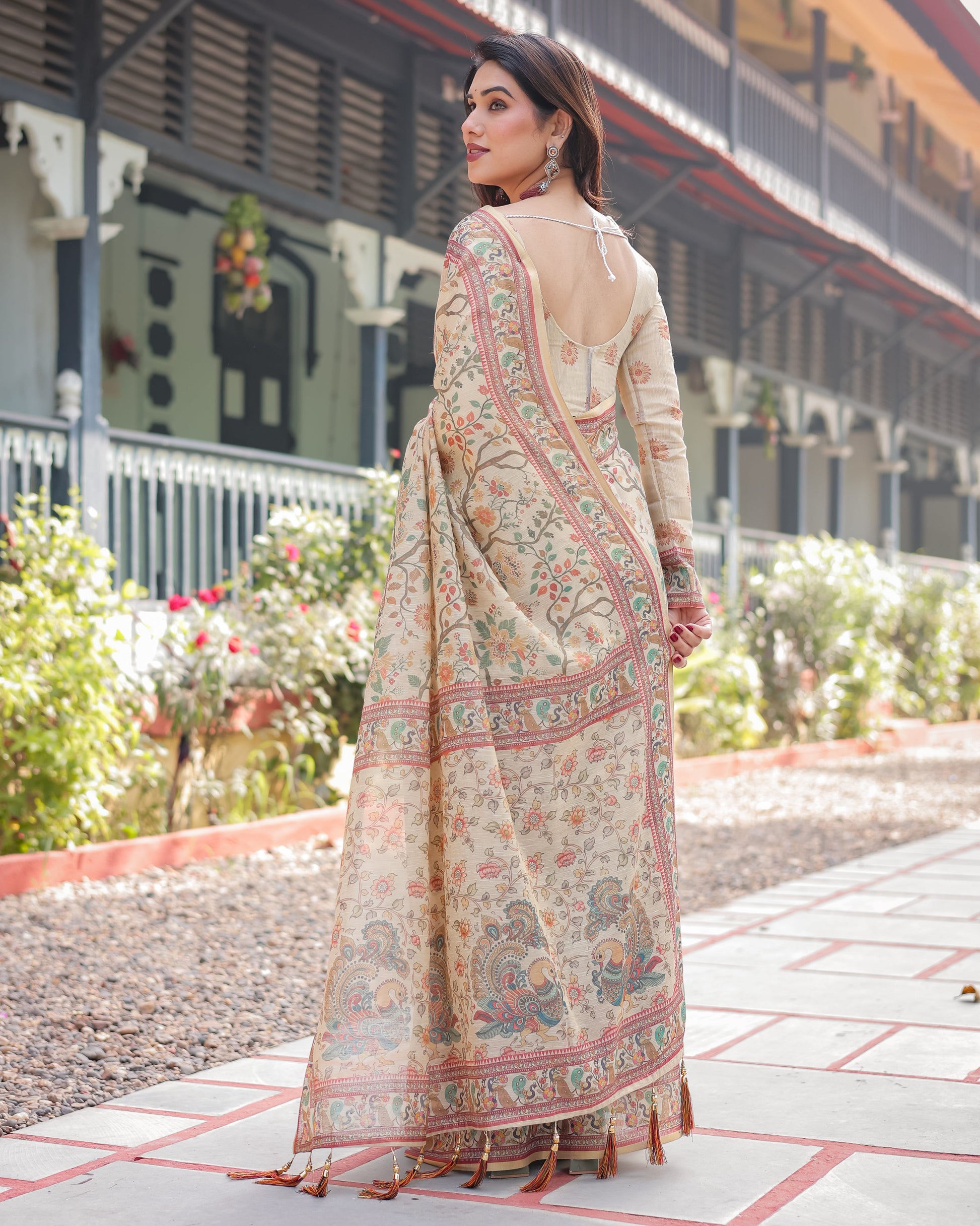 Ivory Floral Printed Silk Saree with Elegant Border & Tassel Pallu