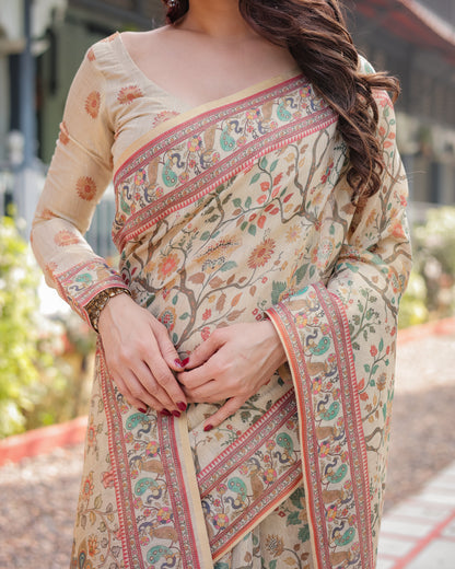 Ivory Floral Printed Silk Saree with Elegant Border & Tassel Pallu