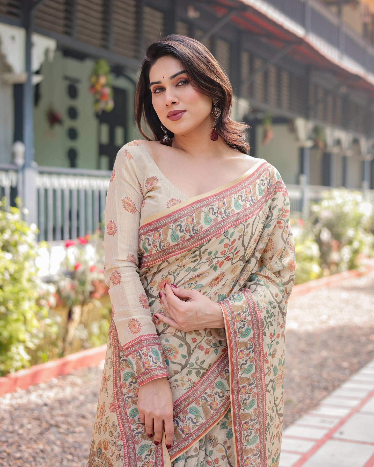 Ivory Floral Printed Silk Saree with Elegant Border & Tassel Pallu