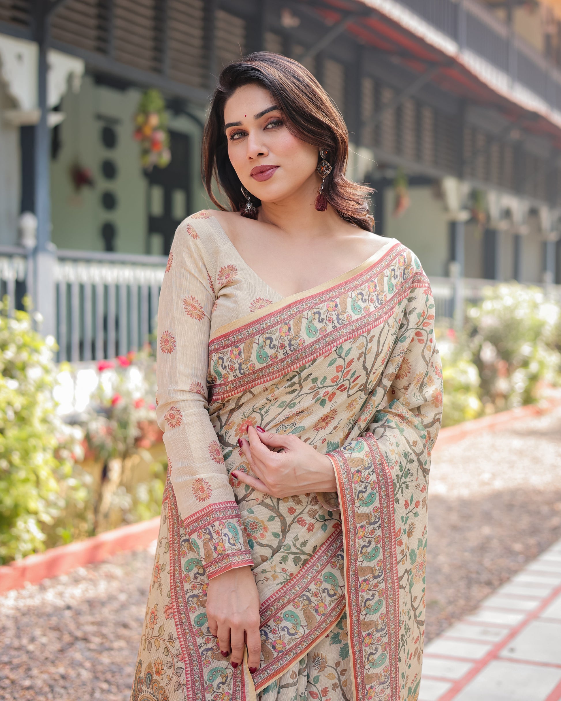 Ivory Floral Printed Silk Saree with Elegant Border & Tassel Pallu