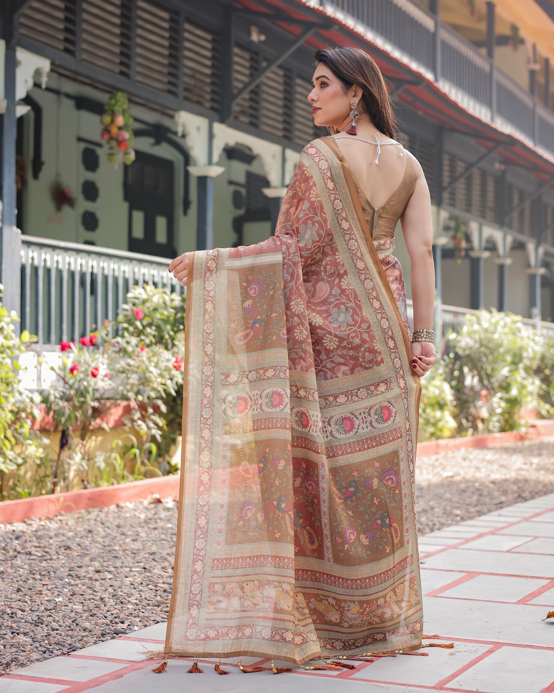 Dusty Rose Floral Printed Silk Saree with Elegant Border & Tassel Pallu