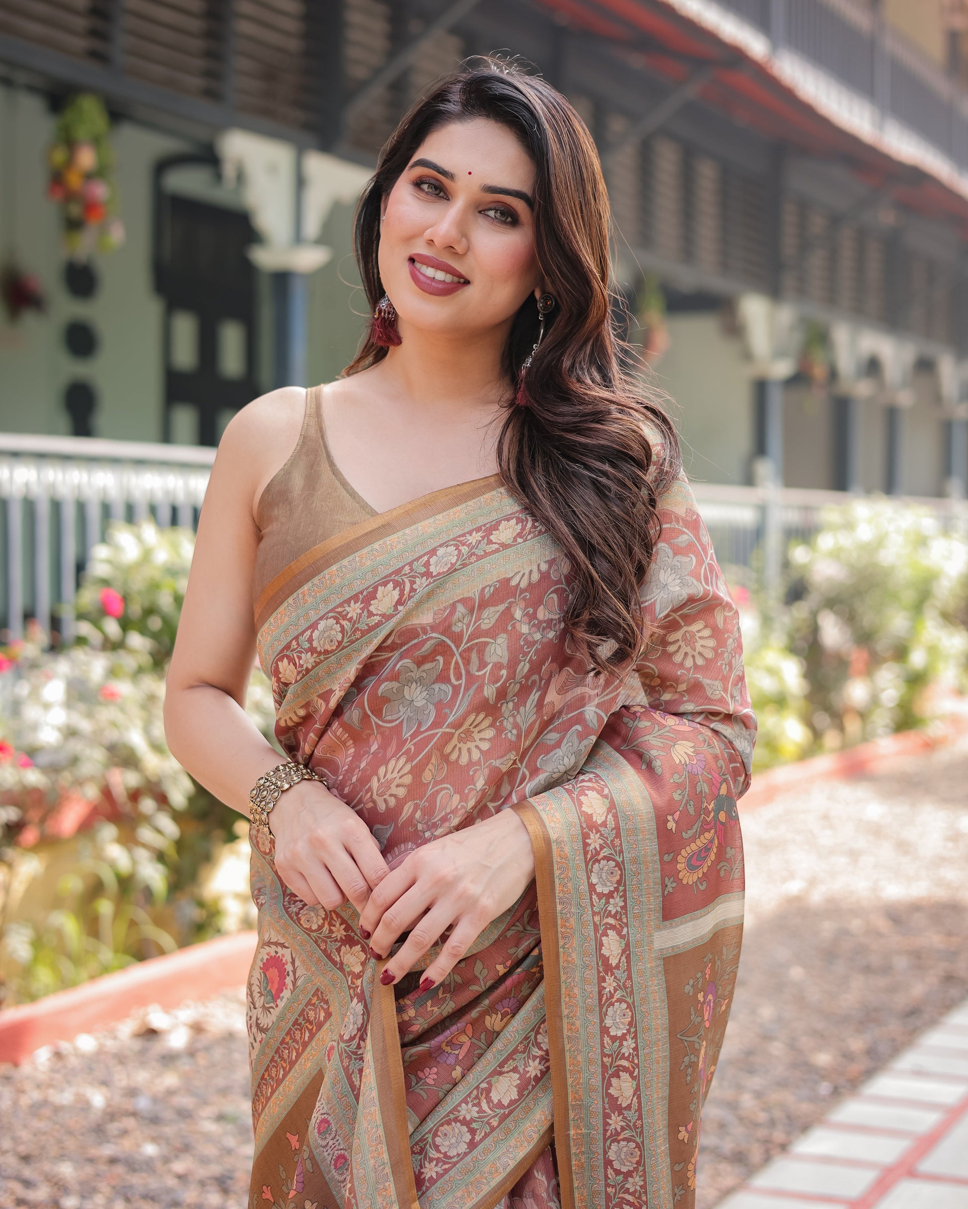 Dusty Rose Floral Printed Silk Saree with Elegant Border & Tassel Pallu