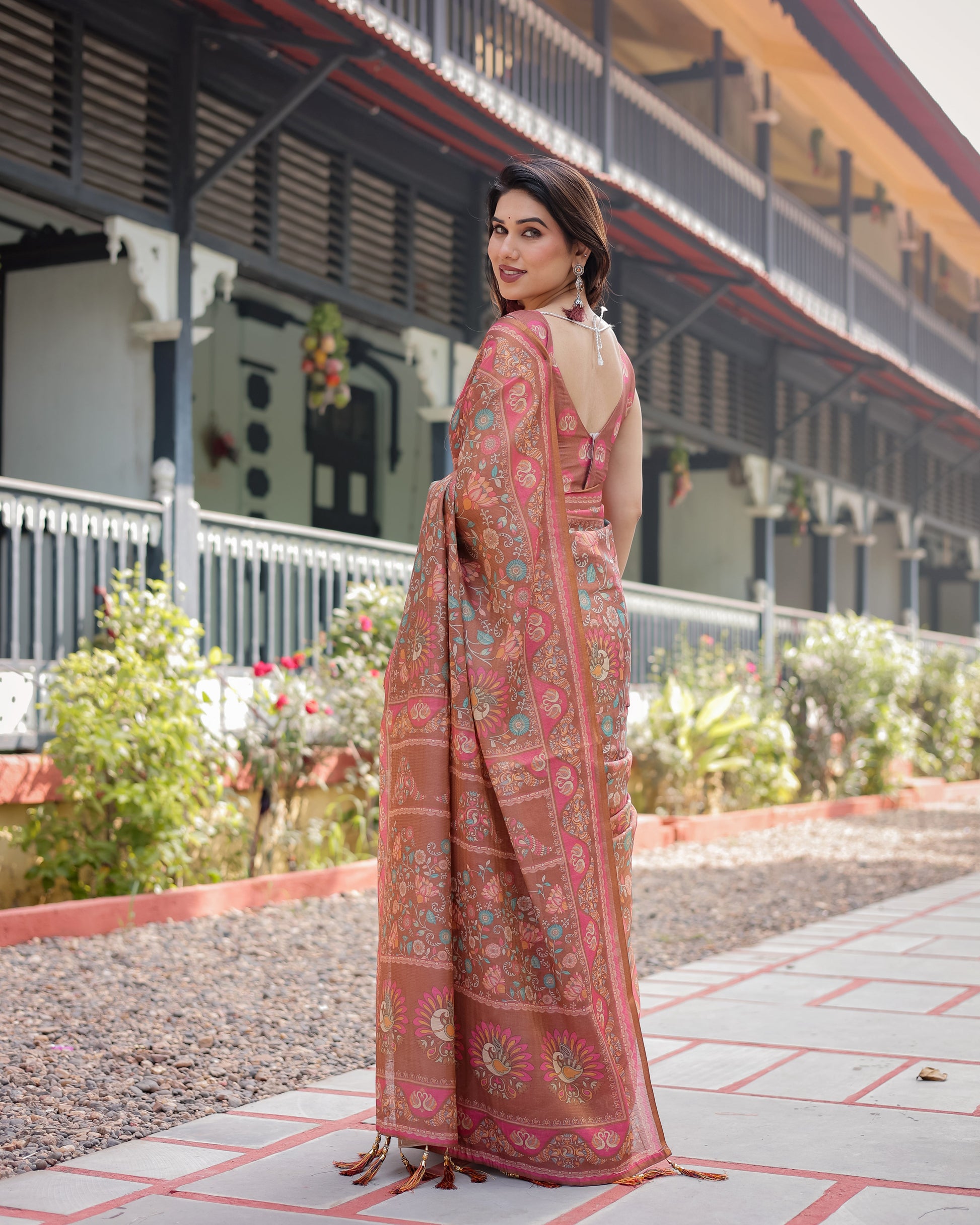 Rust Brown Floral Printed Silk Saree with Ornate Border & Tassel Pallu