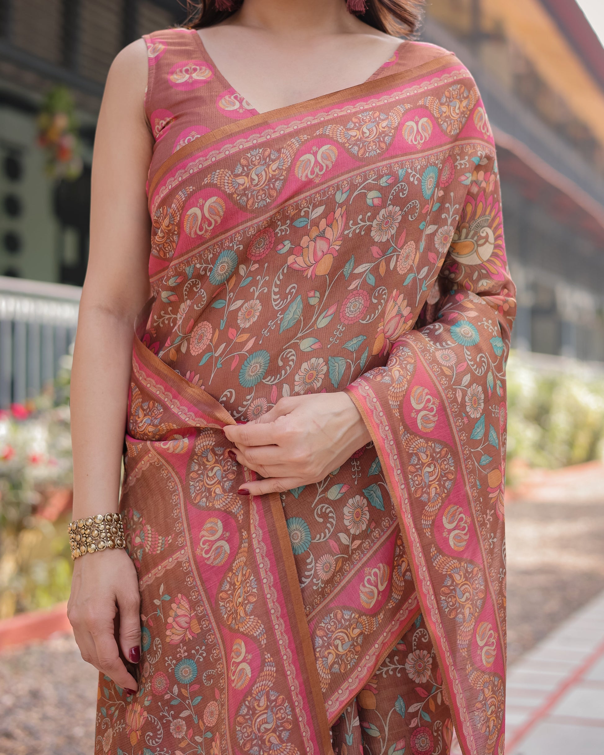 Rust Brown Floral Printed Silk Saree with Ornate Border & Tassel Pallu