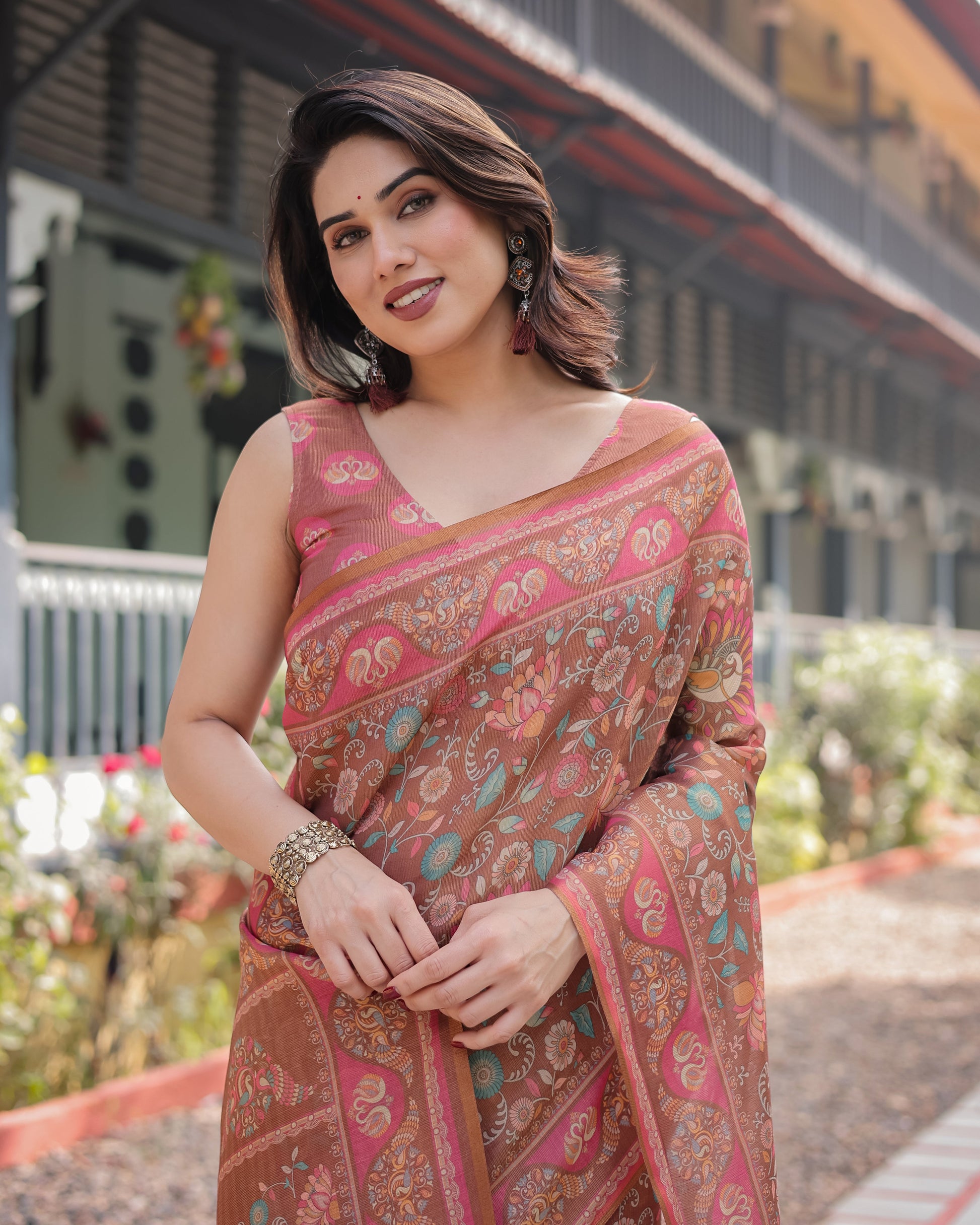 Rust Brown Floral Printed Silk Saree with Ornate Border & Tassel Pallu