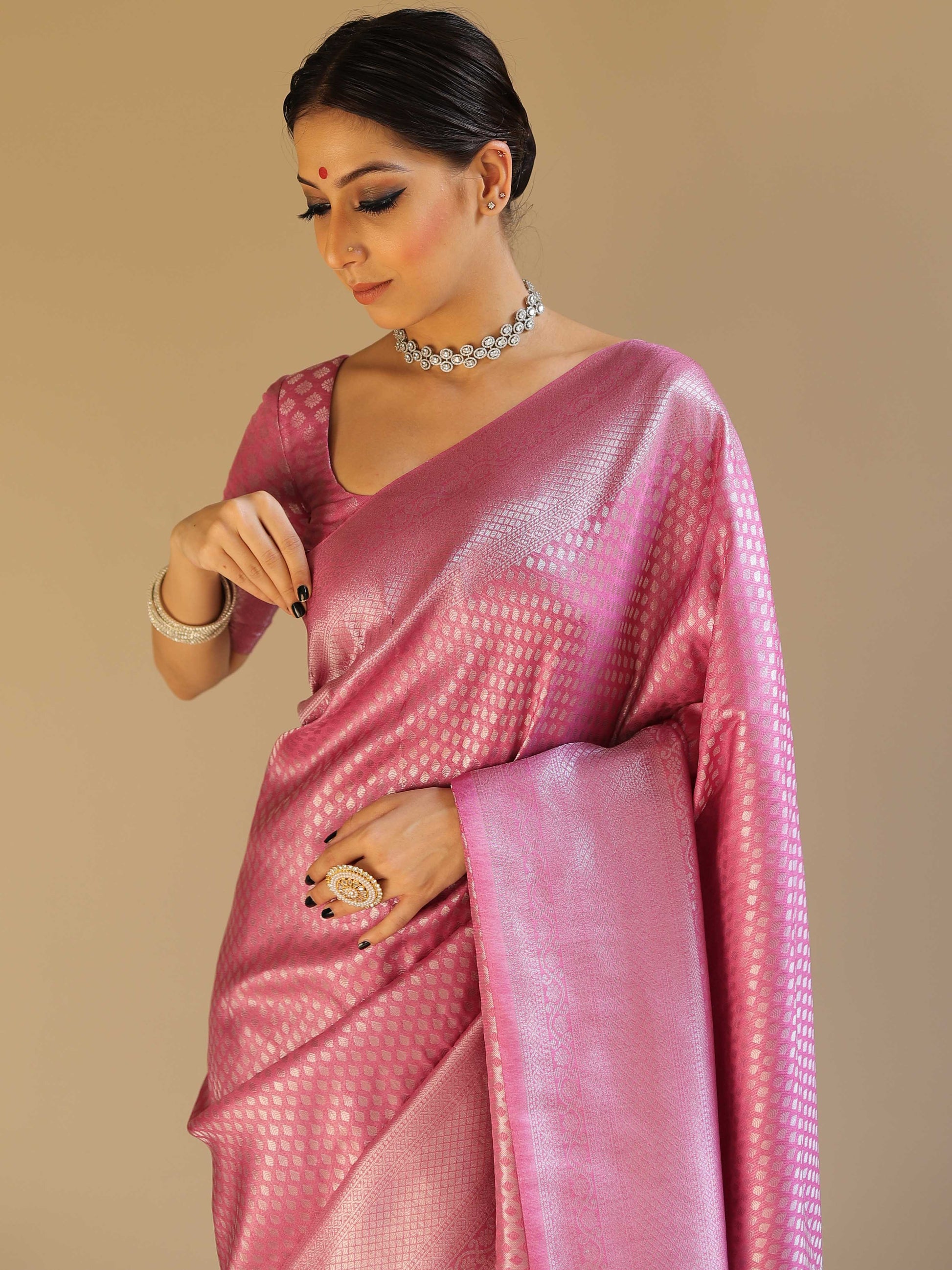 Knyaa's PC2 Onion Pink Banarasi SIlk Saree With Nouveau Attached Blouse