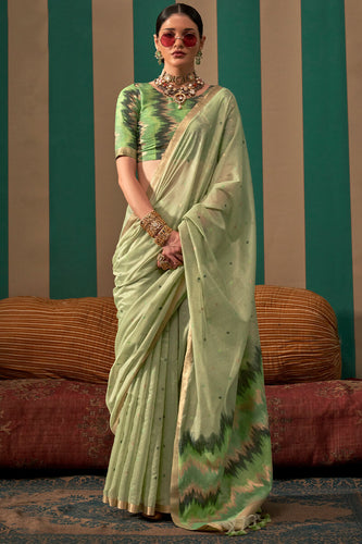 Engaging Pista Cotton Silk Saree With Transcendent Blouse Piece