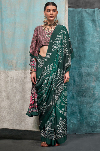 Enticing Dark Green Digital Printed Crape Silk Saree With Diaphanous Blouse Piece