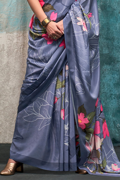 Fragrant Grey Digital Printed Crape Silk Saree With Glittering Blouse Piece