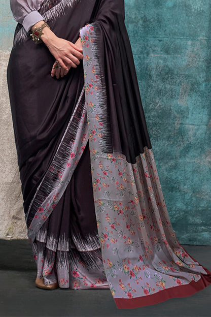 Piquant Black Digital Printed Crape Silk Saree With Snappy Blouse Piece
