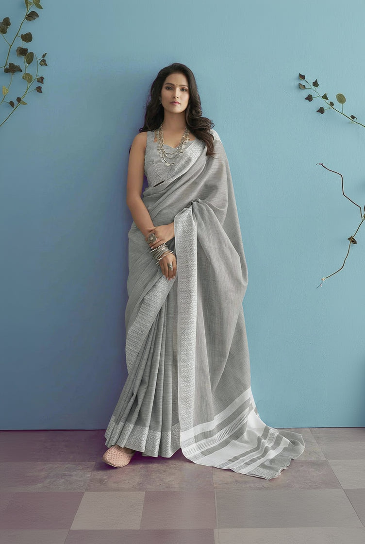 Innovative Grey Lucknowi Silk Saree With Phenomenal Blouse Piece