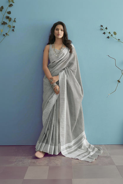 Innovative Grey Lucknowi Silk Saree With Phenomenal Blouse Piece