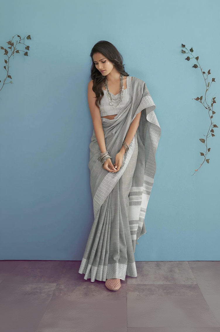 Innovative Grey Lucknowi Silk Saree With Phenomenal Blouse Piece
