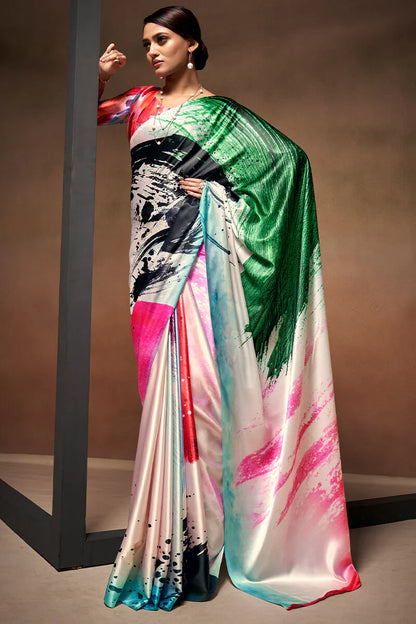 Splendiferous Grey Digital Printed Satin Silk Saree With Imaginative Blouse Piece