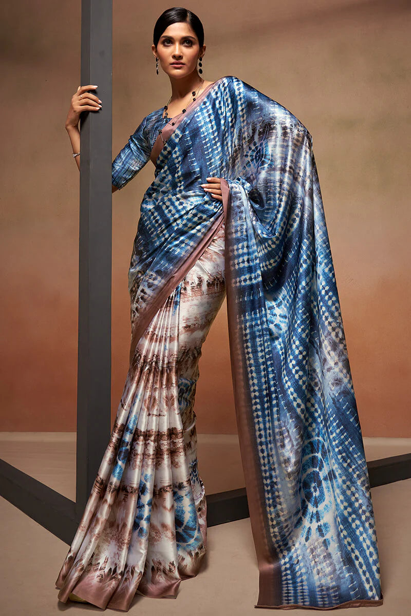 Splendiferous Grey Digital Printed Satin Silk Saree With Imaginative Blouse Piece
