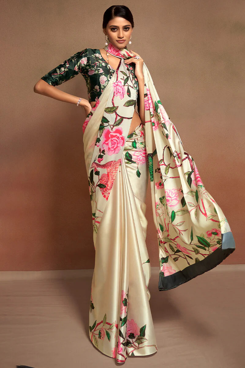Splendiferous Grey Digital Printed Satin Silk Saree With Imaginative Blouse Piece