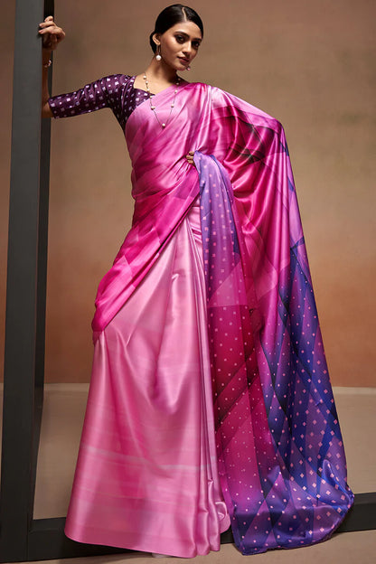 Splendiferous Grey Digital Printed Satin Silk Saree With Imaginative Blouse Piece