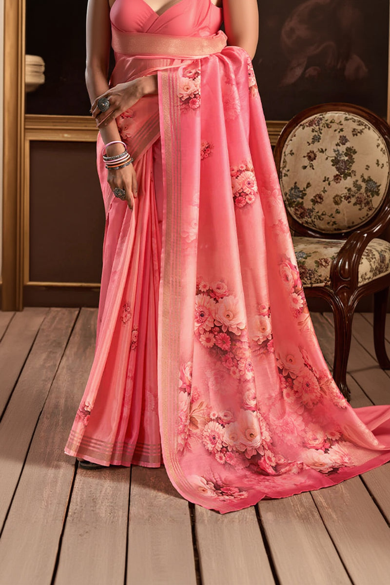 Tremendous Pink Digital Printed Soft Silk Saree With Alluring Blouse Piece