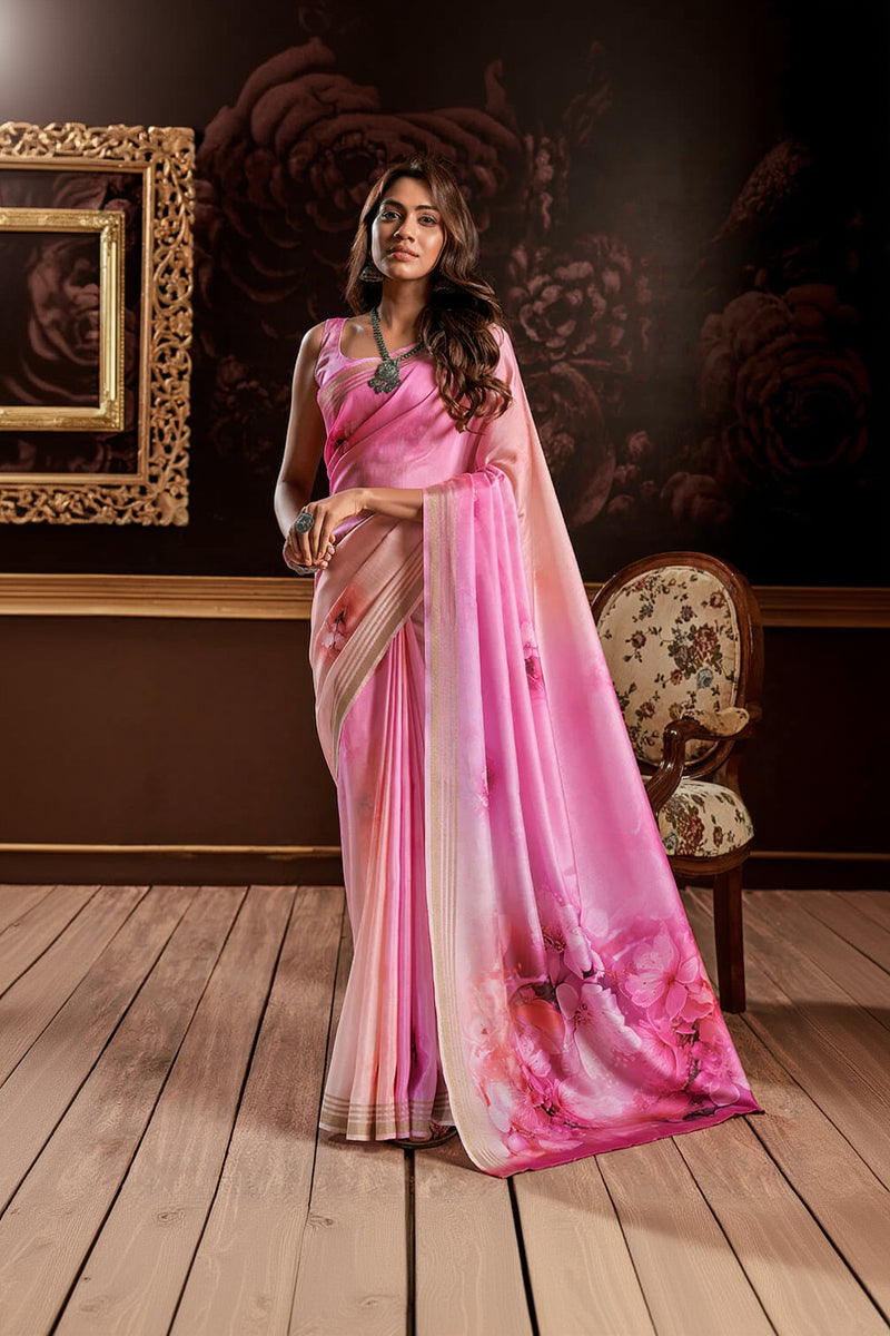 Tremendous Pink Digital Printed Soft Silk Saree With Alluring Blouse Piece