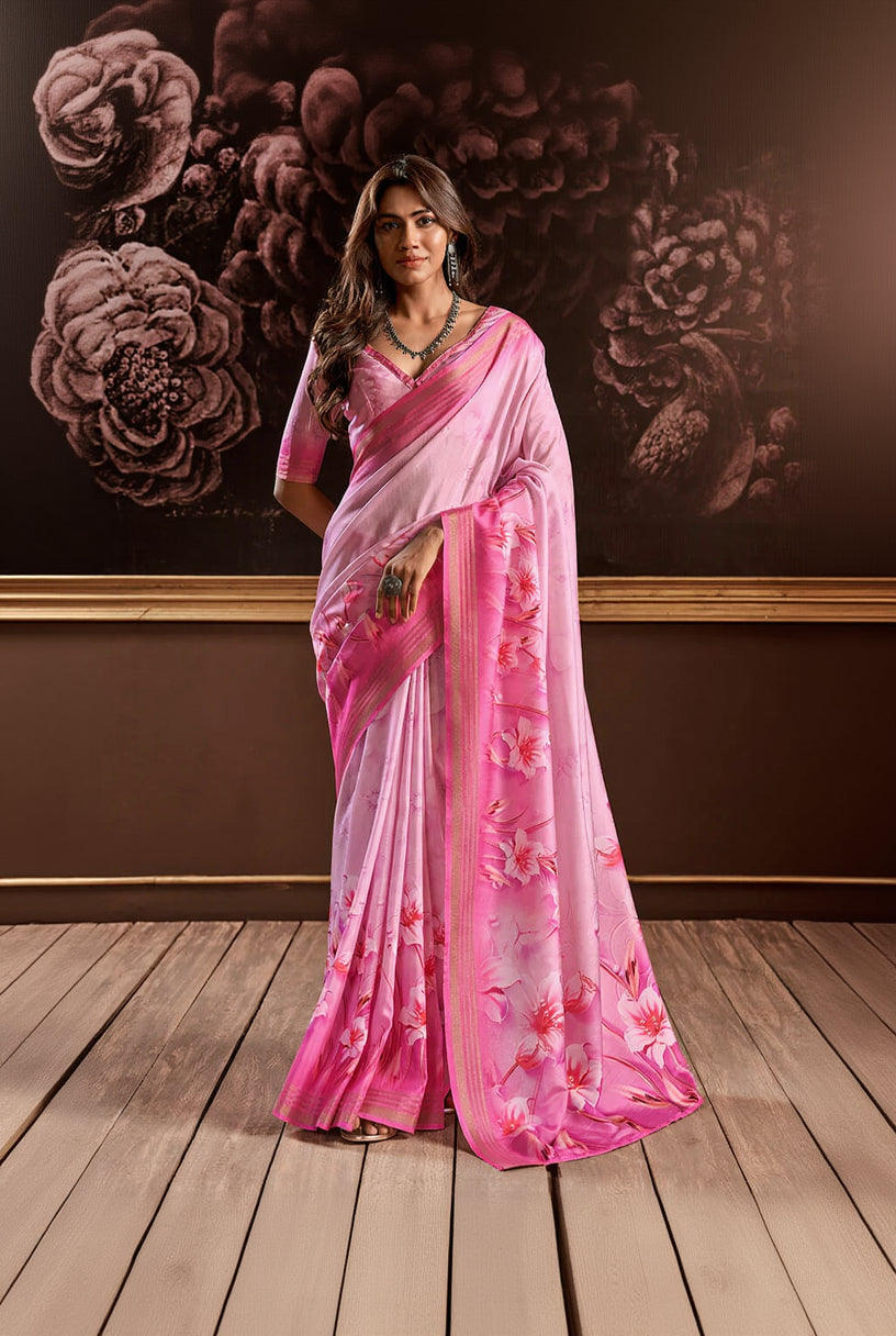 Tremendous Pink Digital Printed Soft Silk Saree With Alluring Blouse Piece