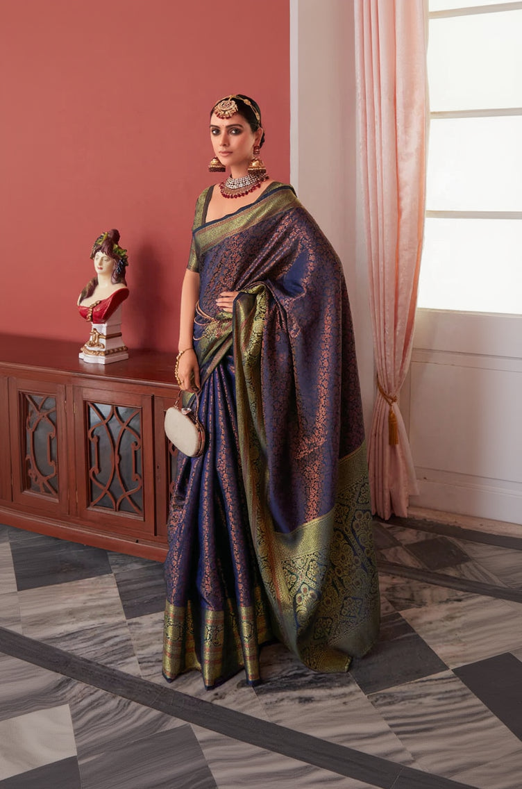 Amazing Navy Blue Kanjivaram Silk Saree With Mesmerising Blouse Piece