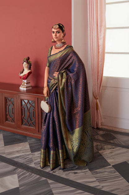 Amazing Navy Blue Kanjivaram Silk Saree With Mesmerising Blouse Piece